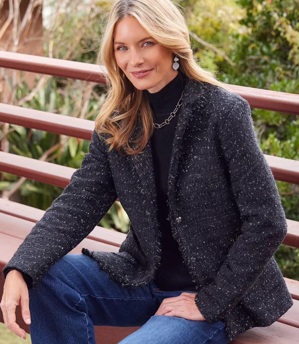 Fringed Tweed Blazer>Karen Kane New