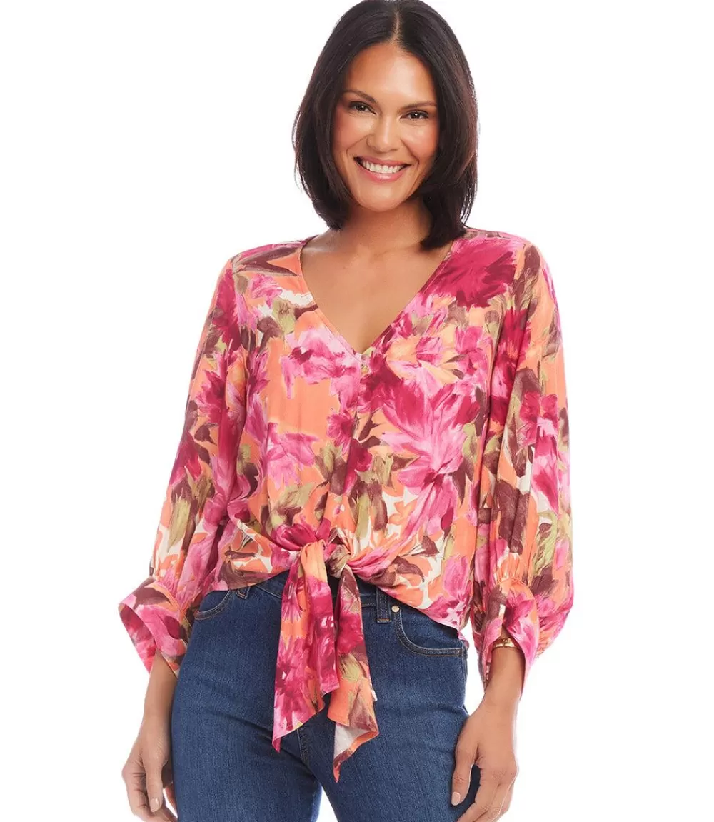 Petite Size Blouson Sleeve Tie-Front Top>Karen Kane Fashion