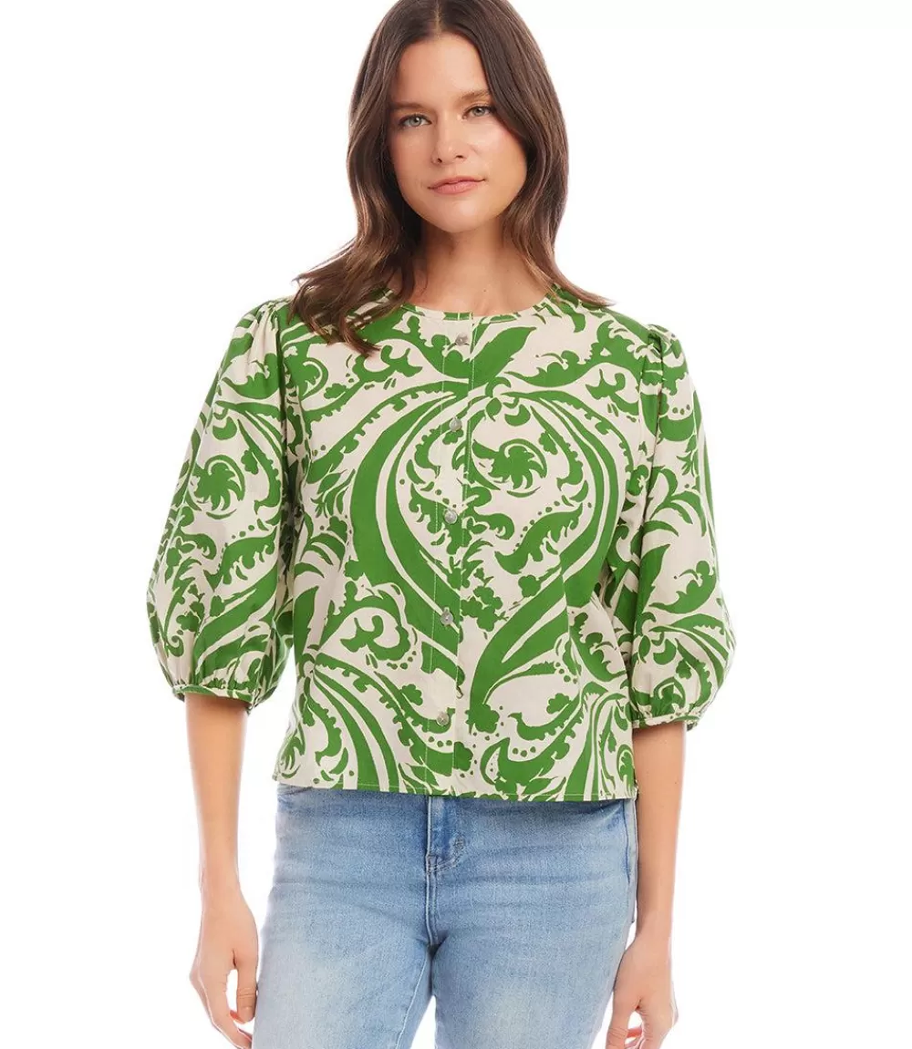 Petite Size Puff Sleeve Button Front Shirt>Karen Kane Flash Sale