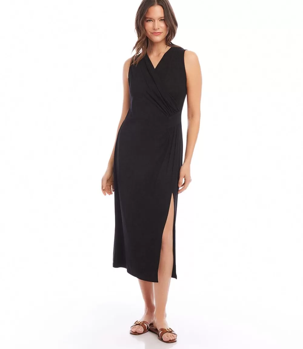 Petite Size Sleeveless Faux Wrap Midi Dress>Karen Kane Store