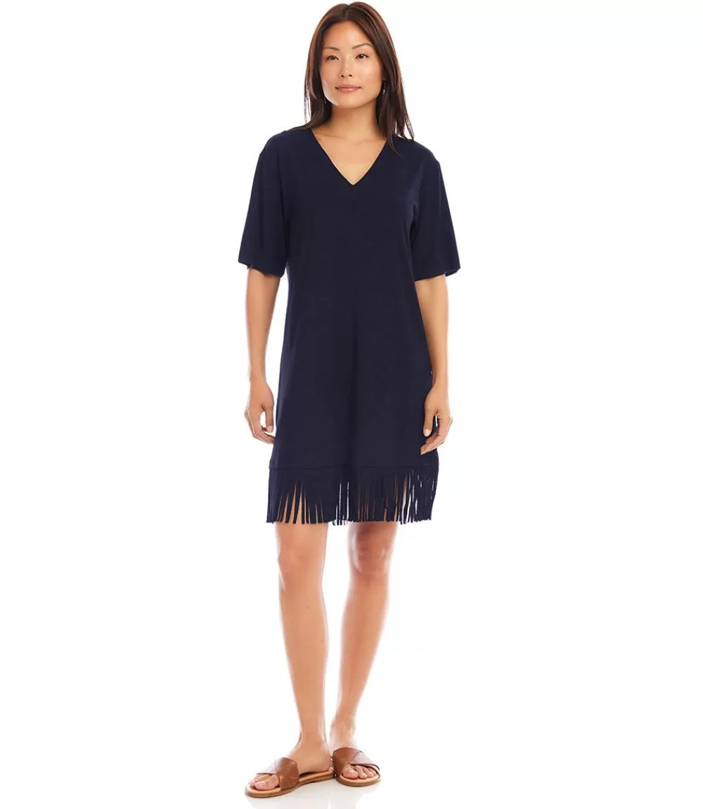 Petite Size V-Neck Fringe Dress>Karen Kane Store