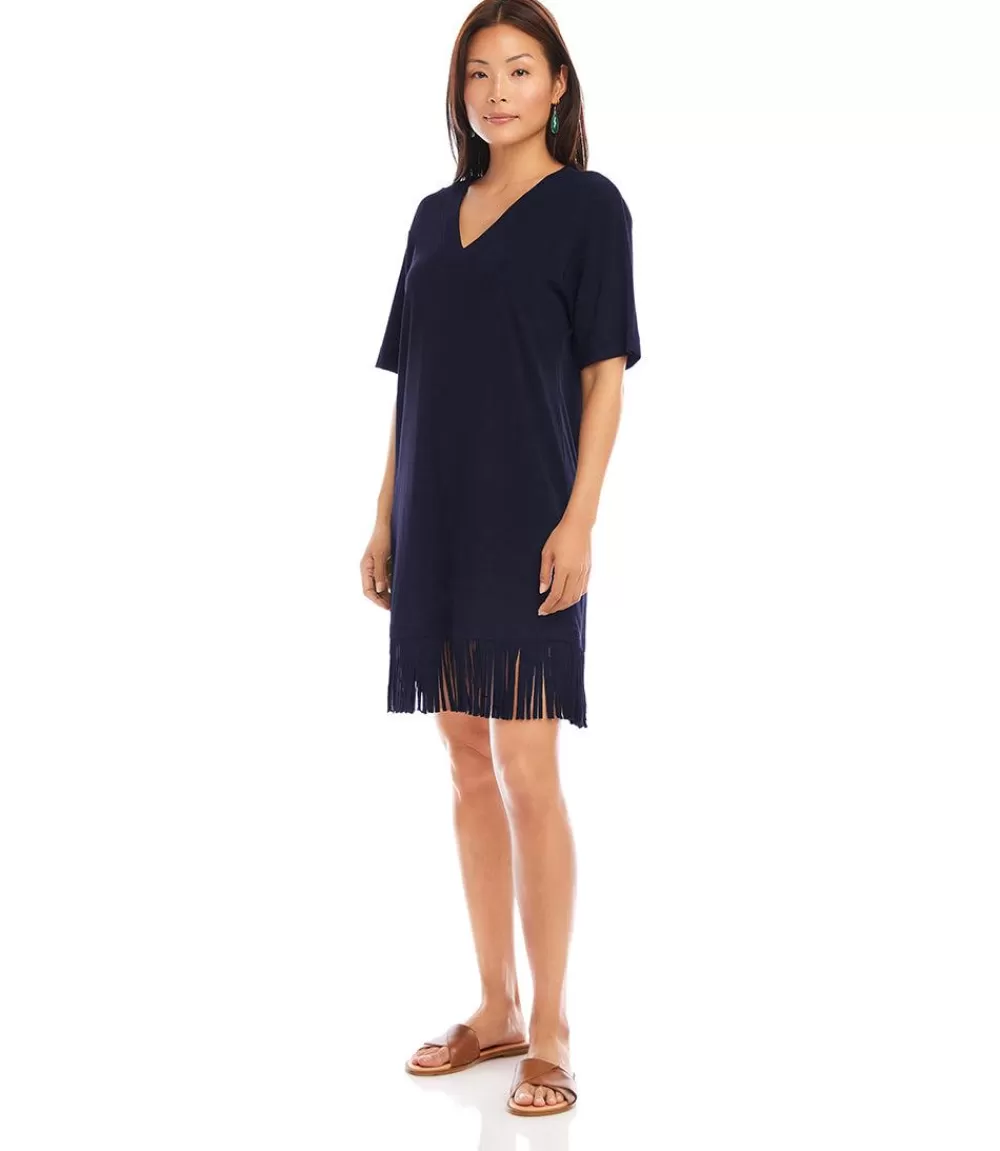 Petite Size V-Neck Fringe Dress>Karen Kane Store