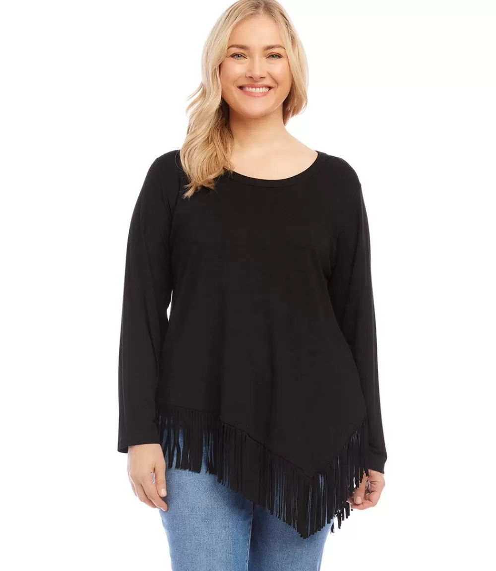 Plus Size Asymmetric Fringe Top>Karen Kane Clearance