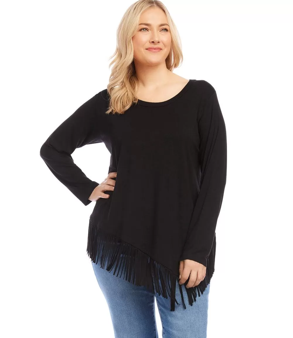 Plus Size Asymmetric Fringe Top>Karen Kane Clearance