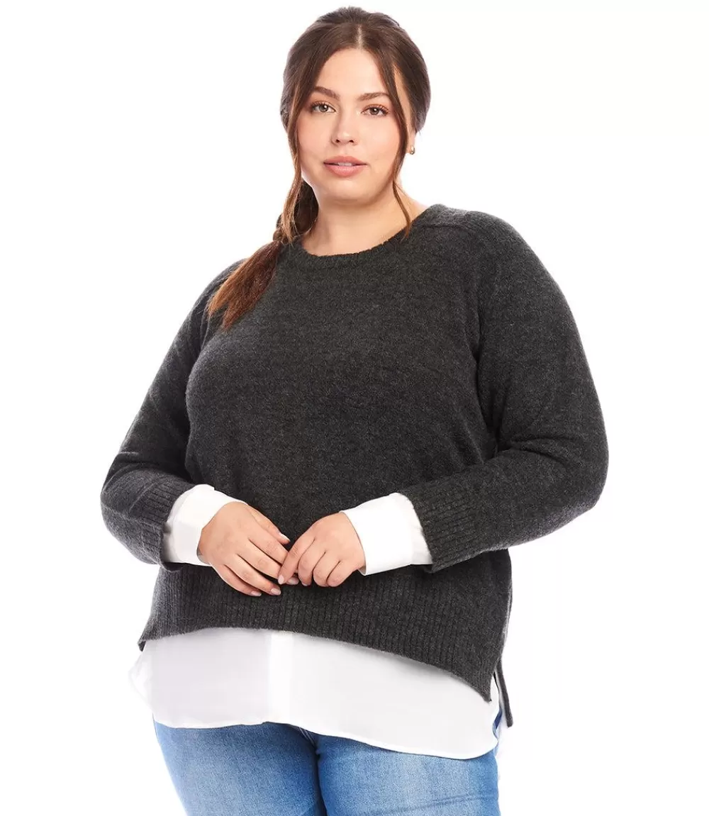 Plus Size Layered Crewneck Sweater>Karen Kane Outlet