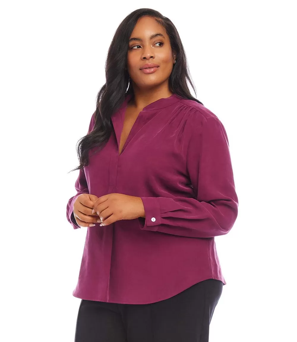 Plus Size Long Sleeve Placket Top>Karen Kane Best Sale