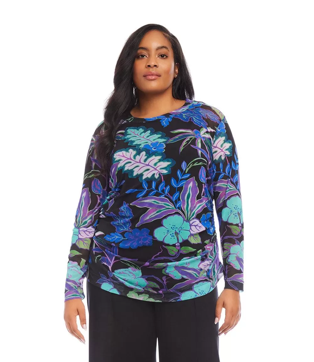 Plus Size Side-Shirred Mesh Top>Karen Kane Hot