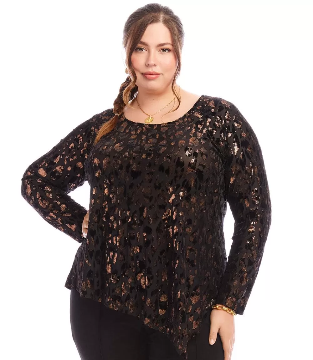 Plus Size Velvet Burnout Asymmetric Top>Karen Kane Outlet