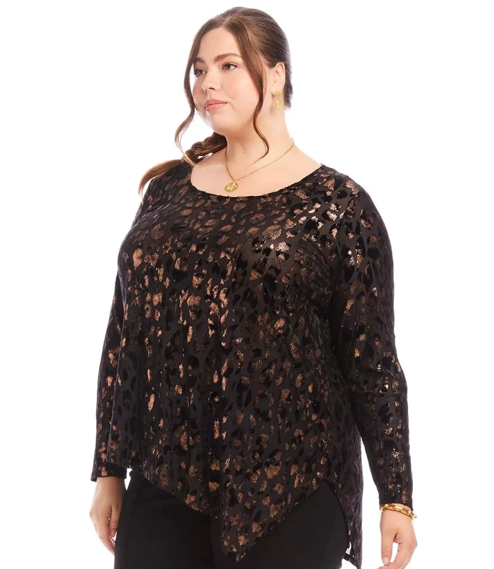 Plus Size Velvet Burnout Asymmetric Top>Karen Kane Outlet