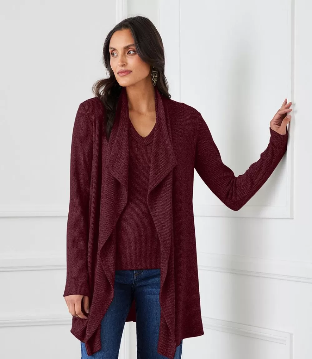 Ribbed Drape Front Cardigan>Karen Kane Shop