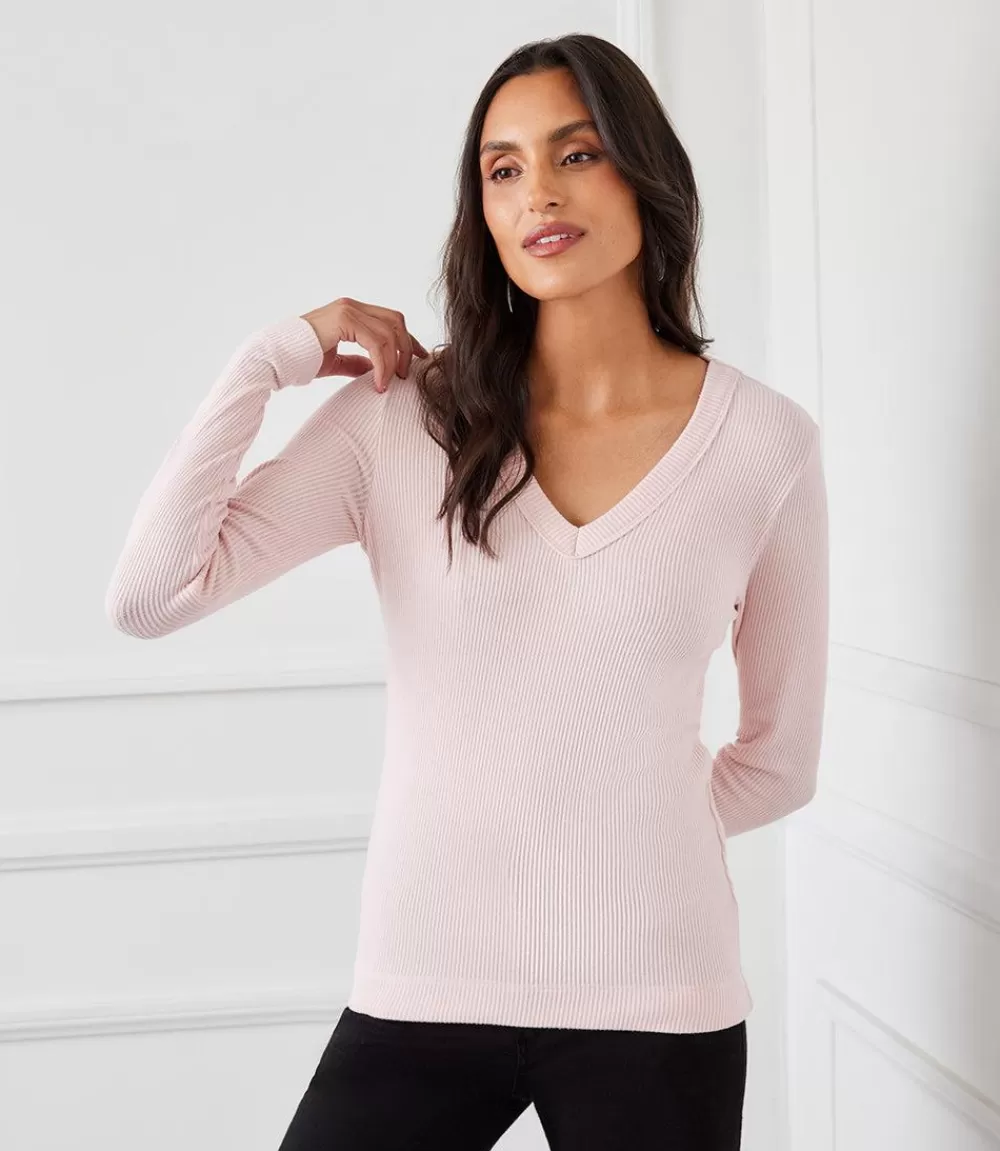 Ribbed Long Sleeve V-neck Top>Karen Kane Fashion