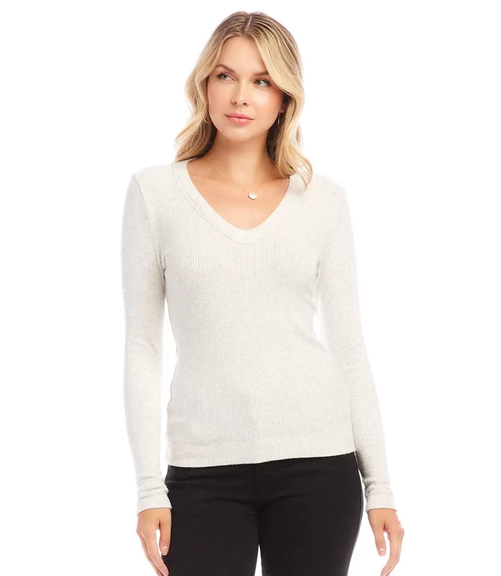 Ribbed Long Sleeve V-neck Top>Karen Kane Shop