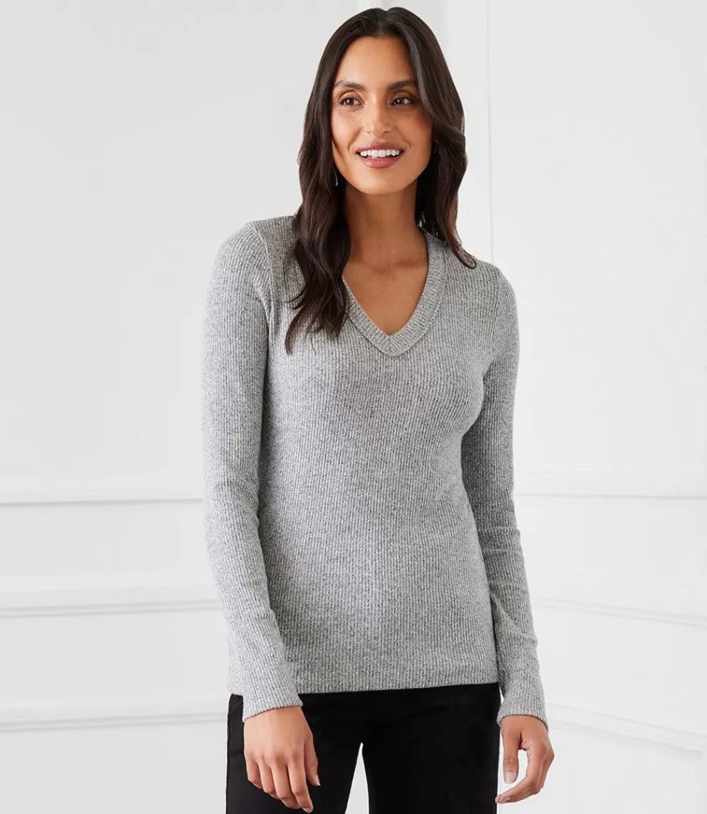 Ribbed Long Sleeve V-neck Top>Karen Kane Fashion