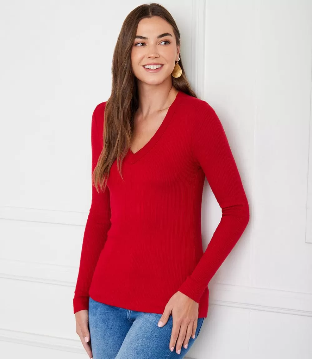 Ribbed Long Sleeve V-neck Top>Karen Kane Best Sale