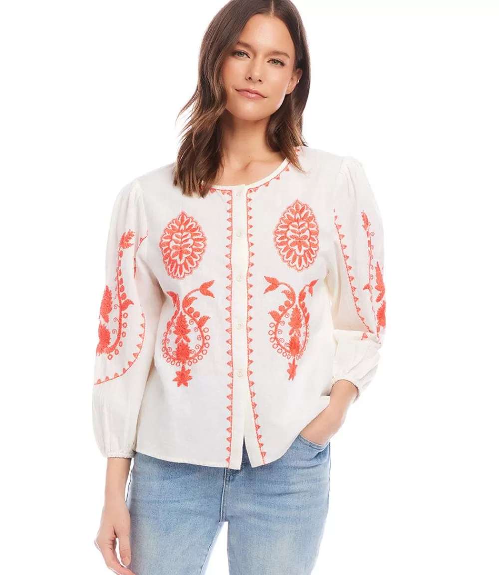 Three Quarter Sleeve Embroidered Top>Karen Kane Best