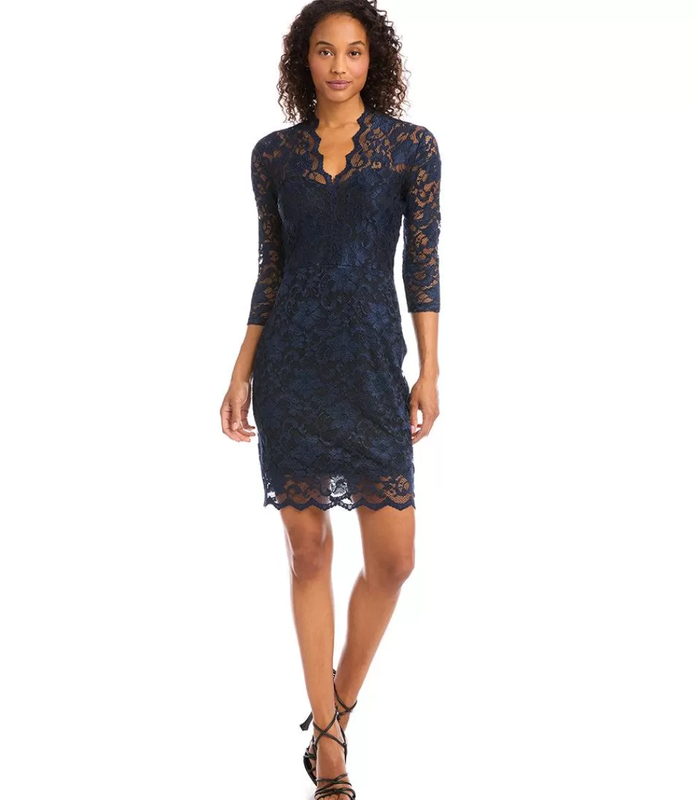 V-Neck Scallop Hem Lace Dress>Karen Kane Fashion